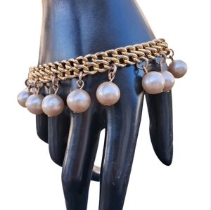 Vintage Avon SP Signed Gold Tone Faux Pearl Charm Bracelet Toggle